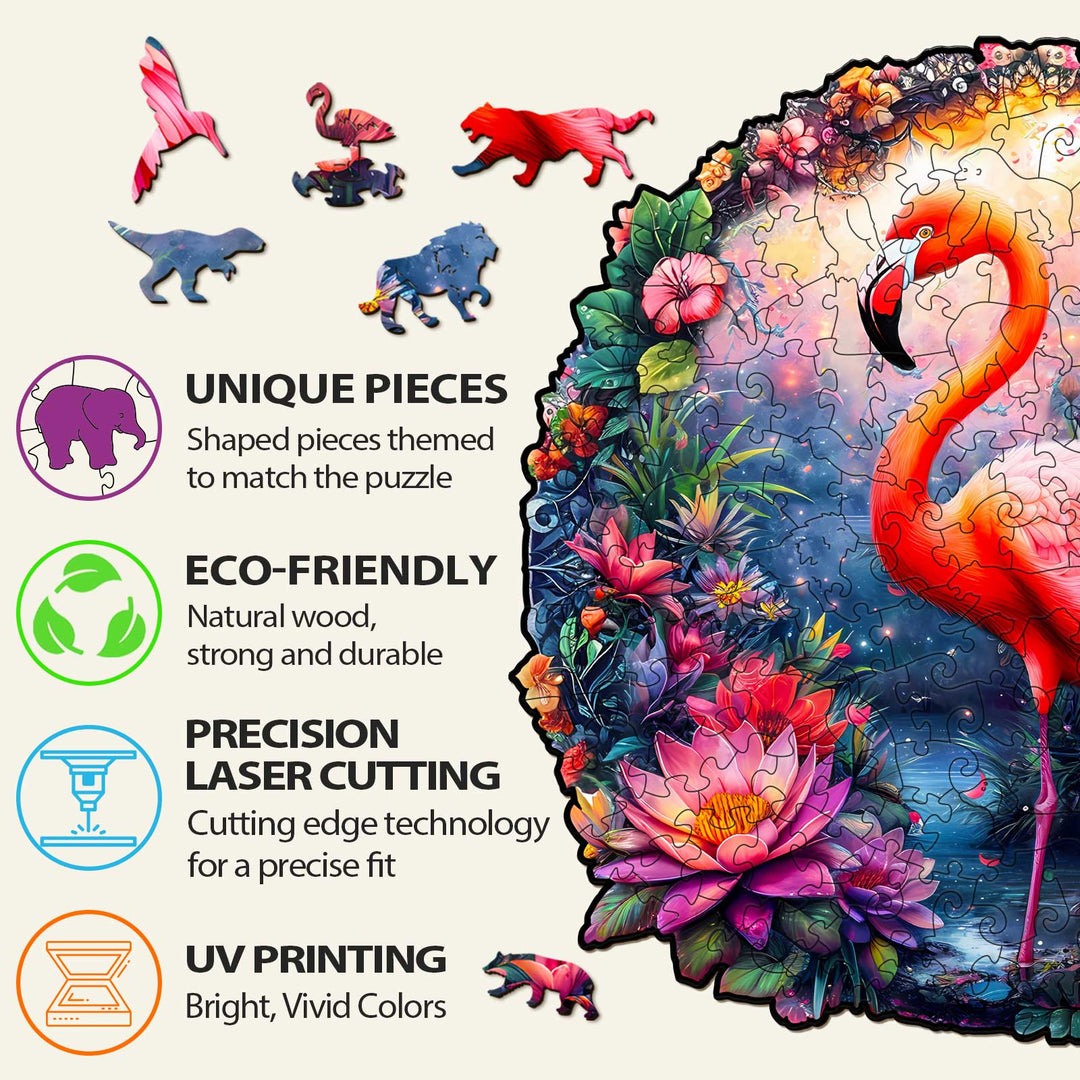 Features of Elegant Flamingo Wooden Jigsaw Puzzle: unique pieces, eco-friendly materials, precision laser cutting, and vivid UV printing.