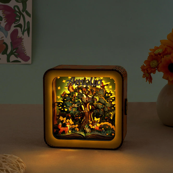 3D wooden puzzle night light with tree and animals, illuminating a cozy room, perfect for home decor and as a unique gift.