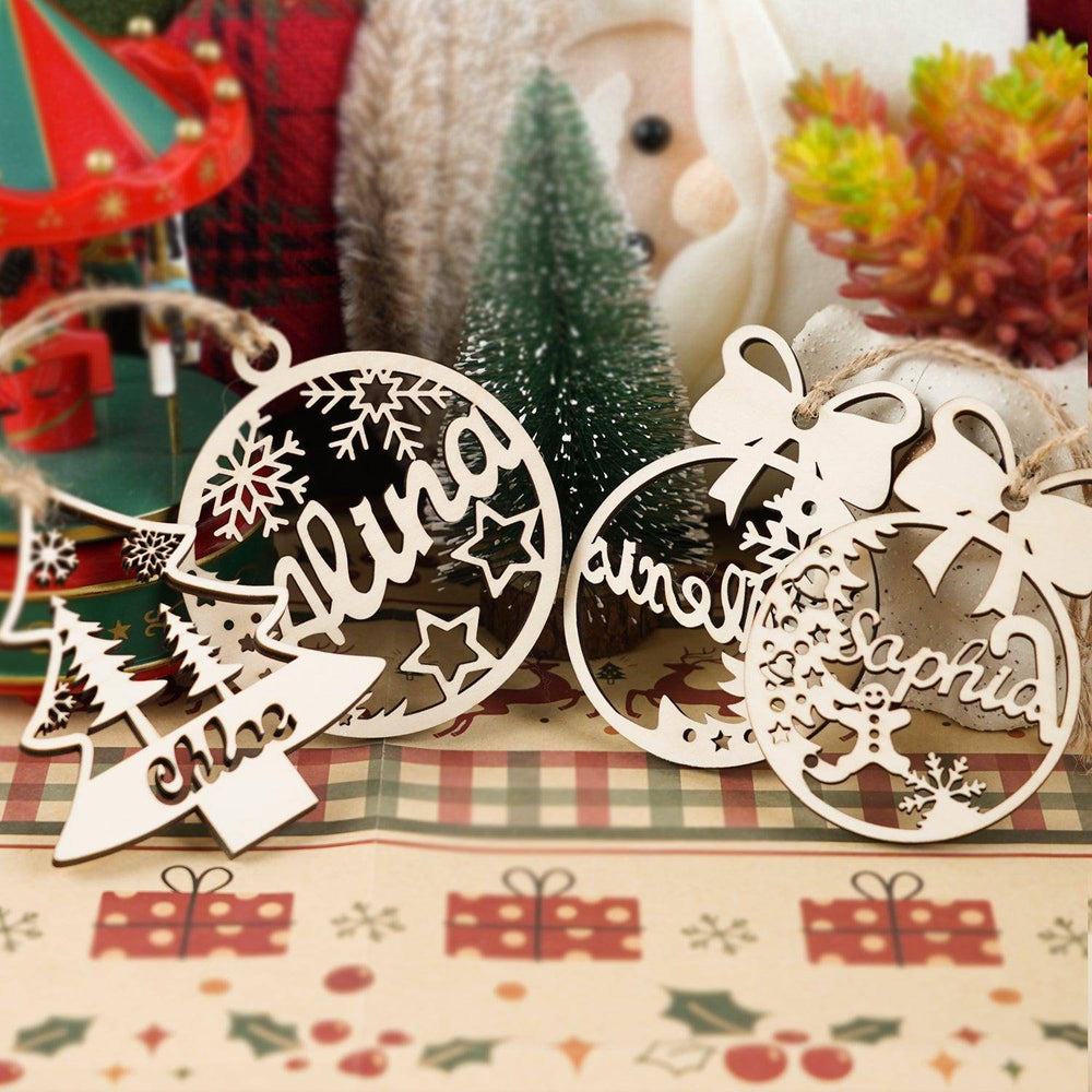 Personalized wooden Christmas ornaments with names and holiday designs, perfect for tree decorations.