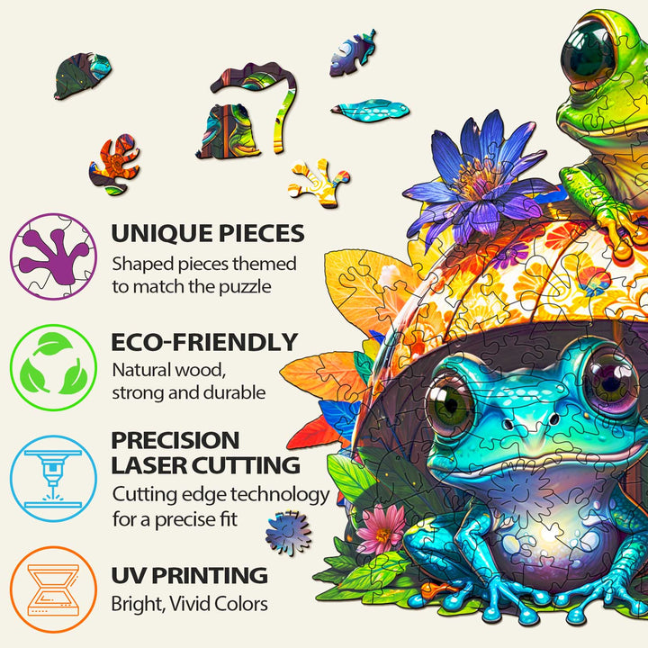 Frog Brothers Wooden Jigsaw Puzzle features unique eco-friendly pieces with UV printing and precision laser cutting for vibrant colors.