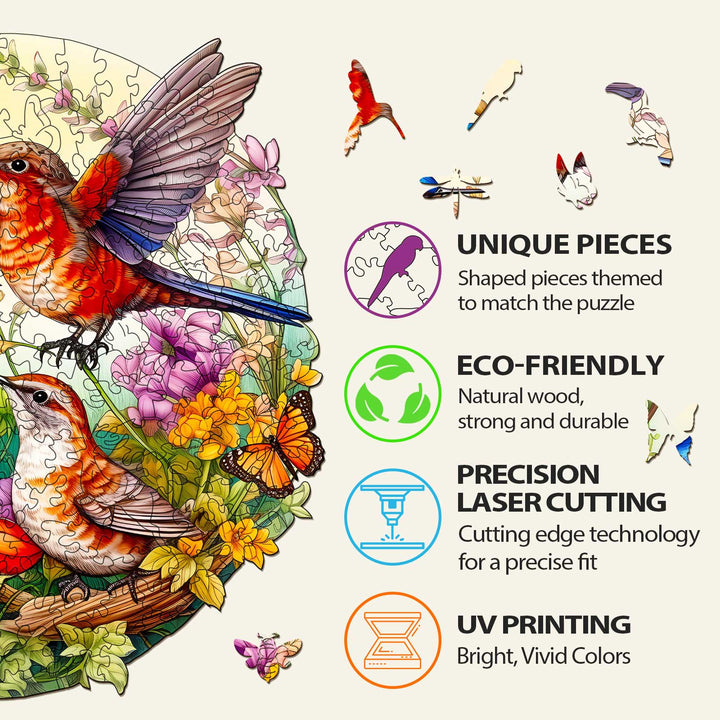 Birds and butterflies wooden jigsaw puzzle features eco-friendly materials and unique, laser-cut pieces.