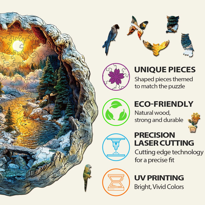 Unique pieces of a 3D Winter Scene wooden jigsaw puzzle showcasing eco-friendly materials and precision laser cutting.