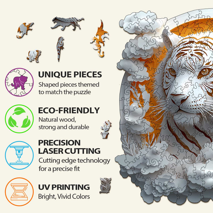3D Paper Tiger wooden jigsaw puzzle characteristics, unique pieces, eco-friendly wood, precision laser cutting, vibrant UV printing.