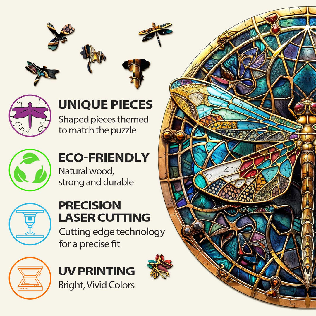 Unique vintage dragonfly wooden jigsaw puzzle features eco-friendly pieces, precision laser cutting, and UV printing.