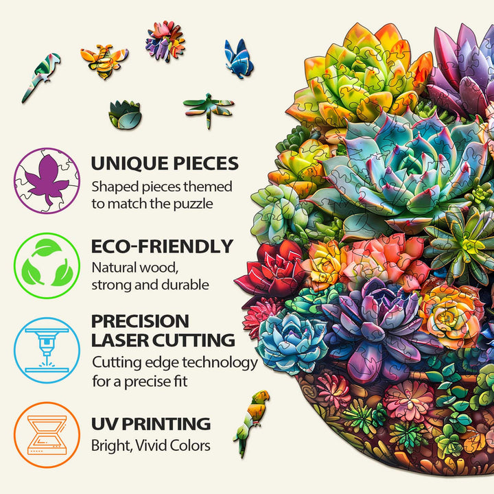 Colorful succulent jigsaw puzzle features unique pieces, eco-friendly materials, and precision laser cutting for fun and focus.
