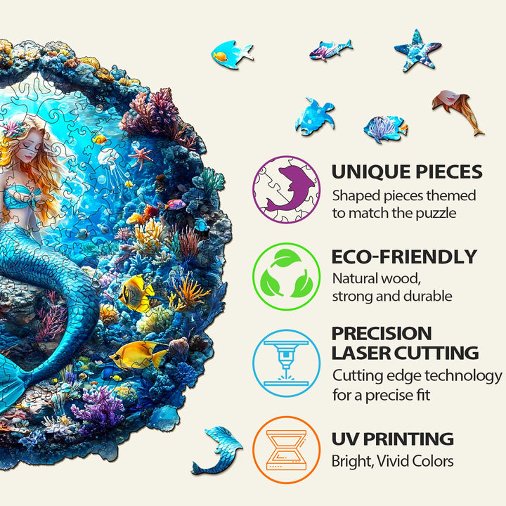 Details of a 3D Mermaid Wooden Jigsaw Puzzle showing unique, eco-friendly pieces with precision laser cutting and vibrant UV printing.