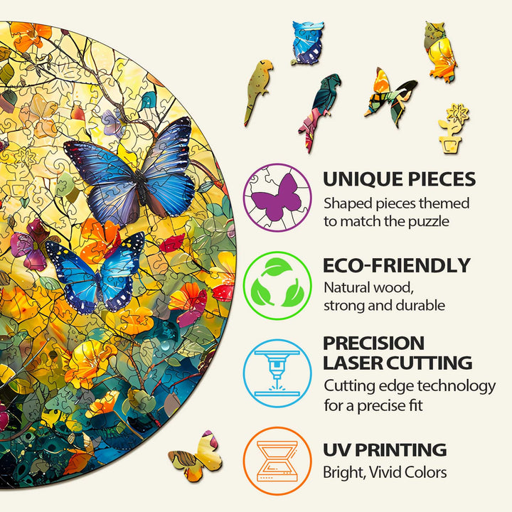 Colorful Butterflies and Flowers wooden jigsaw puzzle with unique eco-friendly pieces and precision laser cutting.
