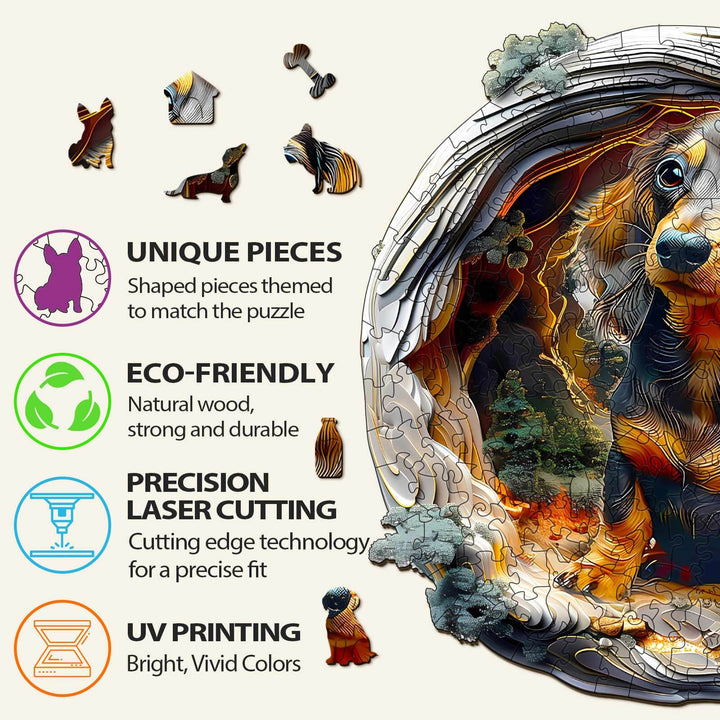 3D Dachshund-1 Wooden Puzzle features unique pieces with eco-friendly wood, precision laser cutting, and vibrant UV printing.