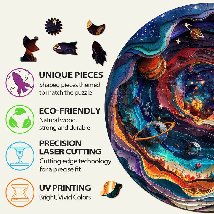 3D Universe Wooden Jigsaw Puzzle featuring unique pieces, eco-friendly materials, laser cutting, and UV printing for vivid colors.
