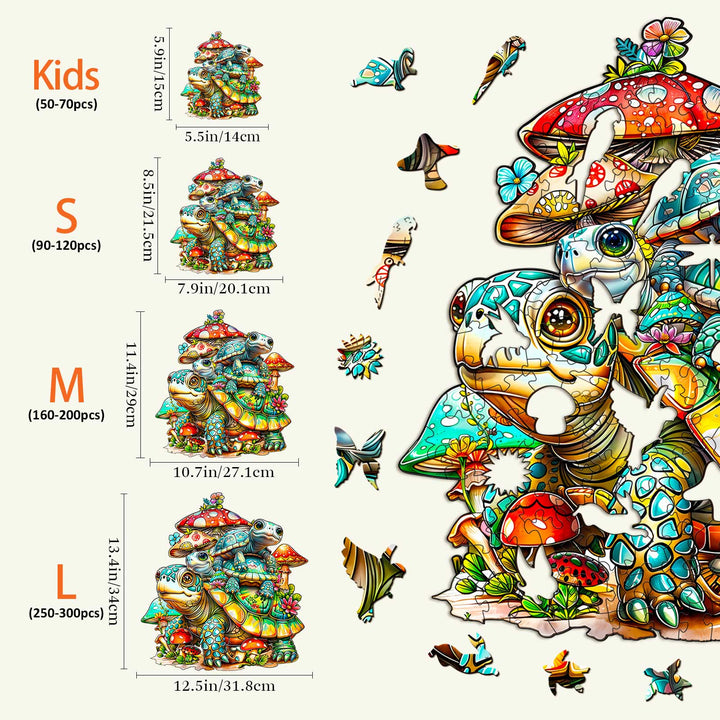 Colorful wooden jigsaw puzzle sizes for kids and adults, featuring a turtle and mushrooms design.