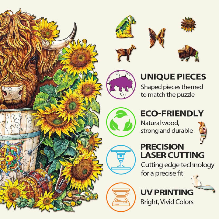 Sunflower Pasture Wooden Jigsaw Puzzle details featuring unique pieces, eco-friendly materials, laser cutting, and UV printing.