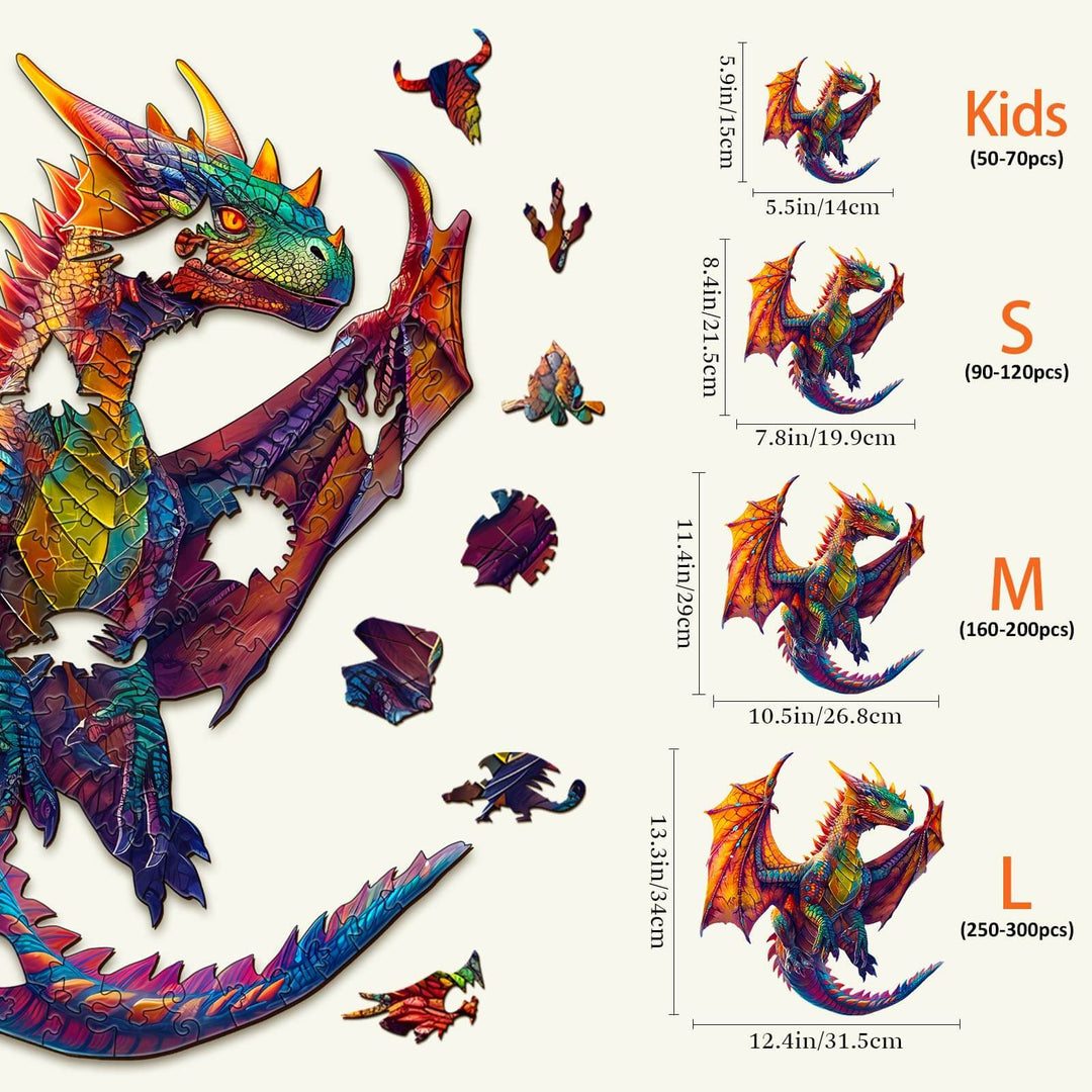 Colorful dragon wooden jigsaw puzzle pieces in various sizes for kids and adults, promoting focus and fun.