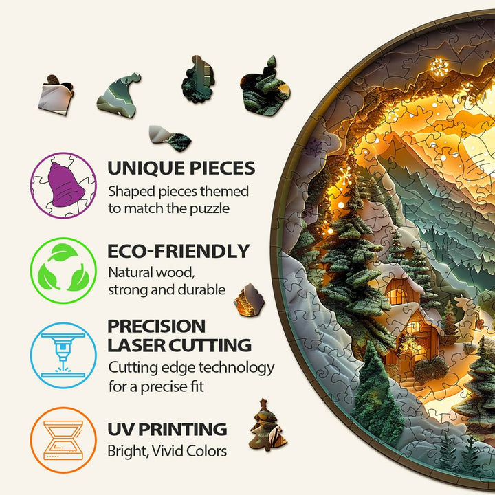 3D Christmas Village Wooden Jigsaw Puzzle features unique, eco-friendly pieces with UV printing and precision laser cutting for perfect fit.