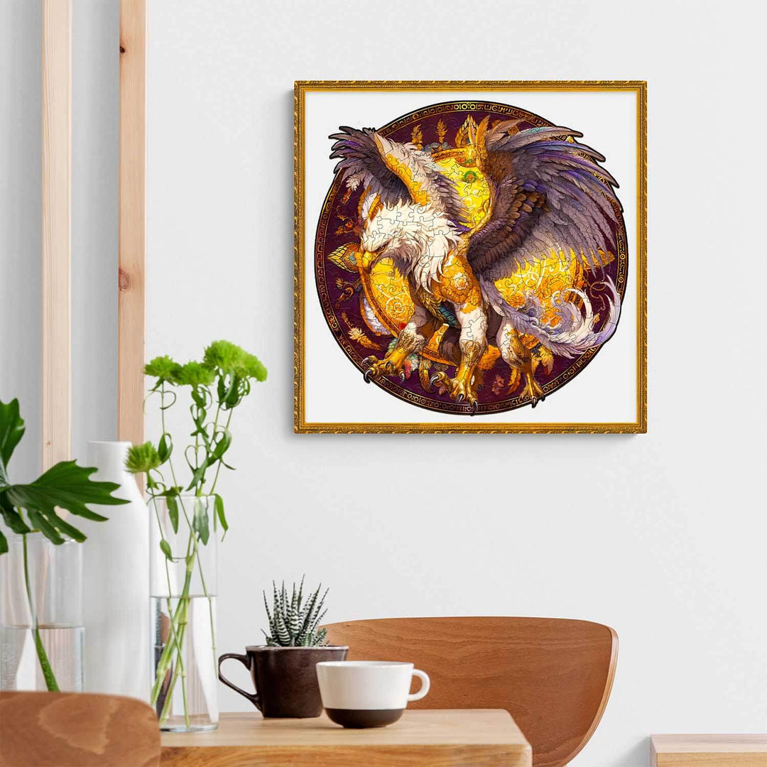 Colorful Griffin wooden jigsaw puzzle displayed in a modern living room, promoting focus and problem-solving skills.