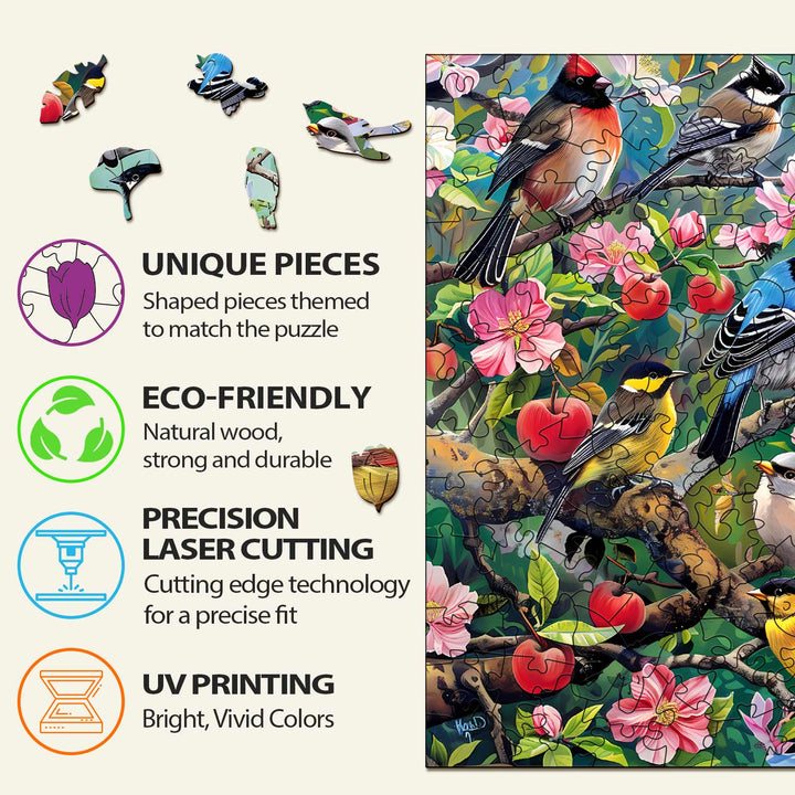 Birds in the Orchard wooden jigsaw puzzle showcasing unique, eco-friendly pieces with vibrant colors and precise laser cutting.