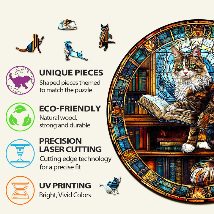 Maine Cat Library wooden jigsaw puzzle features unique eco-friendly pieces and vibrant UV printing for an engaging experience.