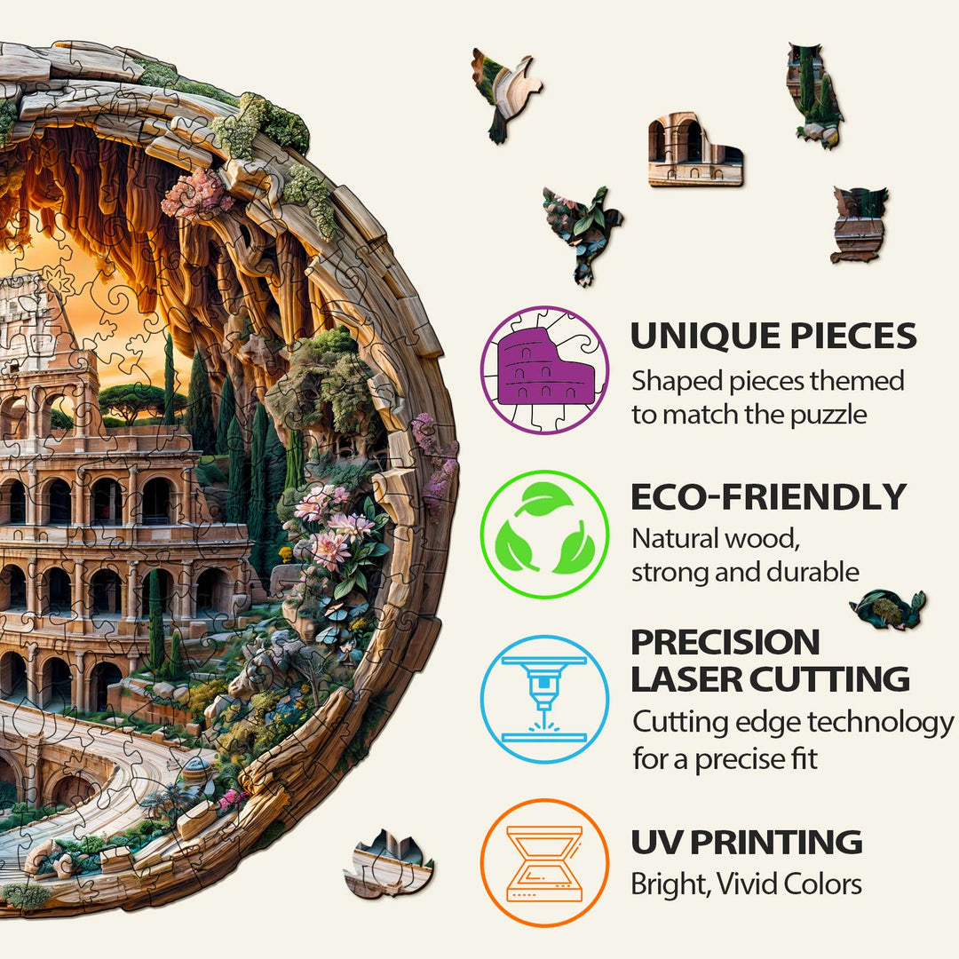 3D Colosseum wooden jigsaw puzzle pieces with eco-friendly and precision laser cutting details.