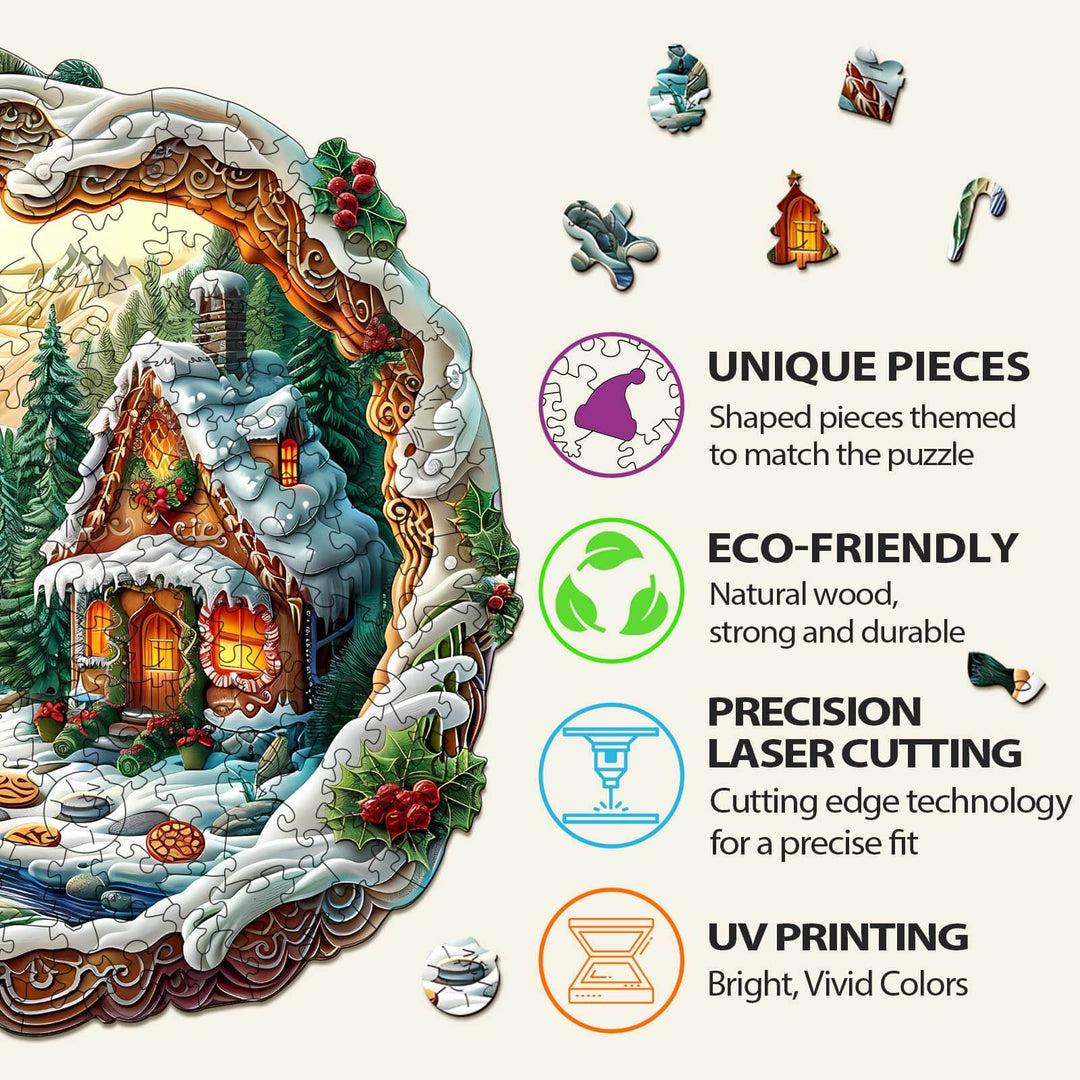 3D Christmas House-1 wooden jigsaw puzzle features unique pieces, eco-friendly materials, precision cutting, and vivid colors.
