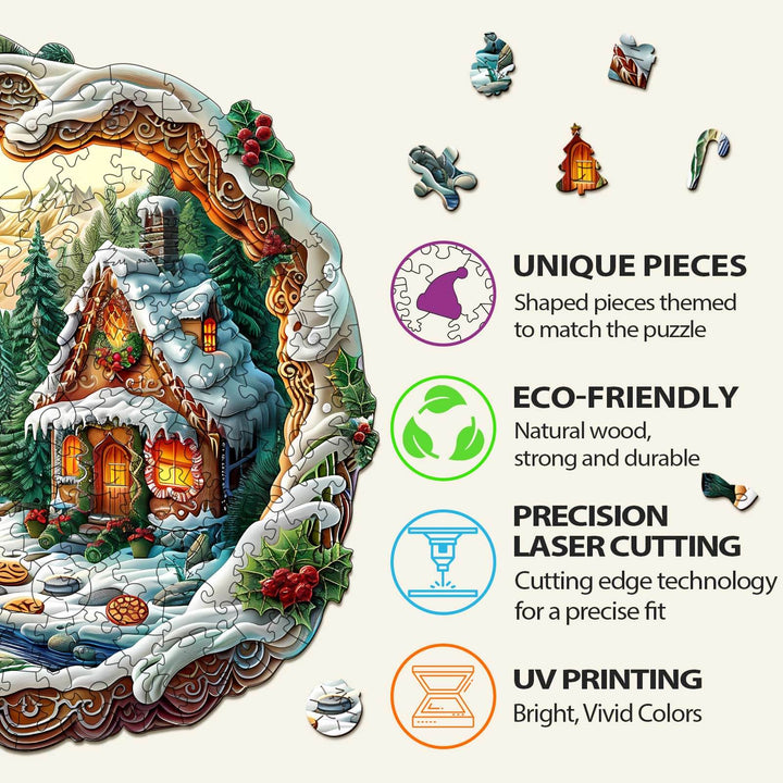 3D Christmas House-1 wooden jigsaw puzzle features unique pieces, eco-friendly materials, precision cutting, and vivid colors.