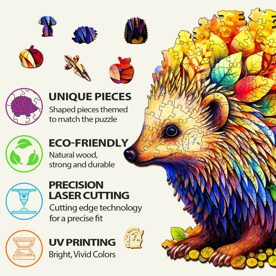 Clever Hedgehog wooden jigsaw puzzle showcasing unique, eco-friendly pieces with precision laser cutting and vibrant UV printing.