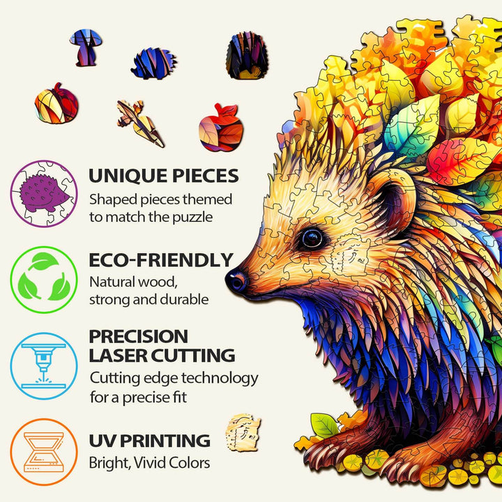 Clever Hedgehog wooden jigsaw puzzle showcasing unique, eco-friendly pieces with precision laser cutting and vibrant UV printing.