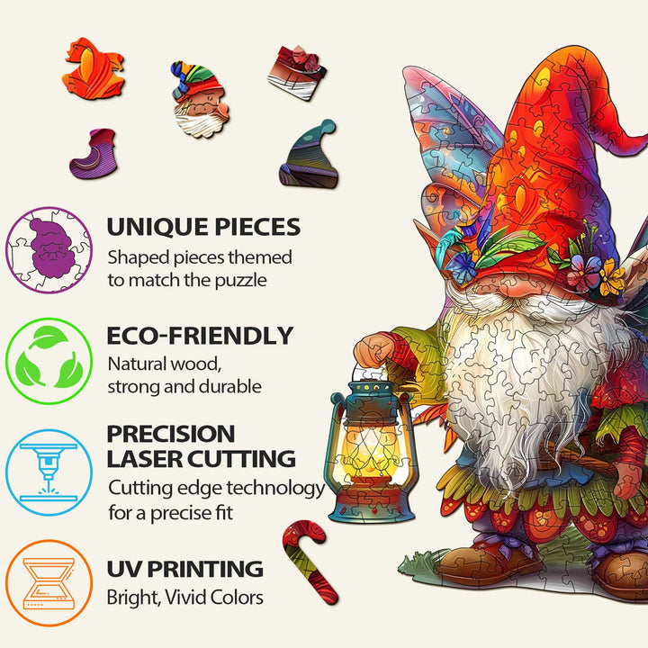 Christmas Gnome wooden jigsaw puzzle showcasing unique pieces, eco-friendly materials, precision cutting, and vibrant UV printing.