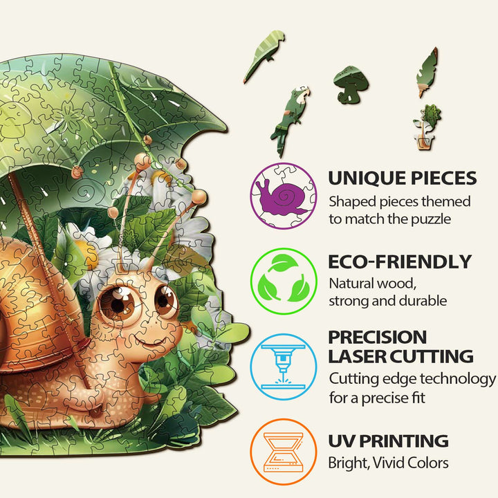 Leisurely Snail Wooden Jigsaw Puzzle with unique eco-friendly pieces and precision laser cutting for vibrant gameplay.