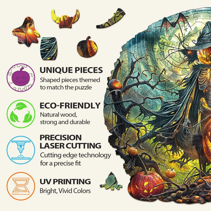 Infographic highlighting features of Halloween Wooden Jigsaw Puzzle: unique pieces, eco-friendly materials, precision laser cutting, UV printing.