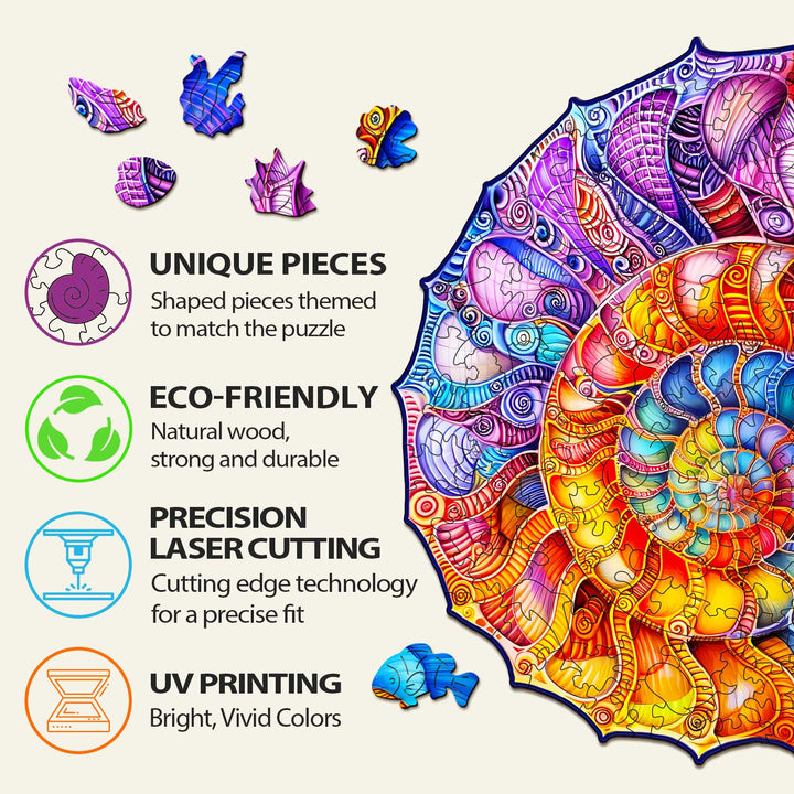 Colorful Nautilus wooden jigsaw puzzle pieces showcasing unique designs, eco-friendly material, precision cutting, and UV printing.