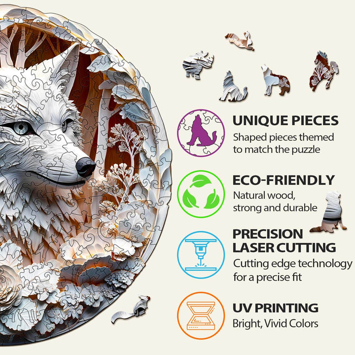 3D Wolf-1 Wooden Jigsaw Puzzle featuring unique, eco-friendly pieces with precision laser cutting and vibrant UV printing.