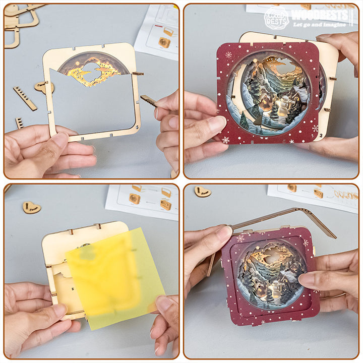 Hands assembling the Snow Mountain Hut kit 3D wooden puzzle night light, highlighting intricate details and design.