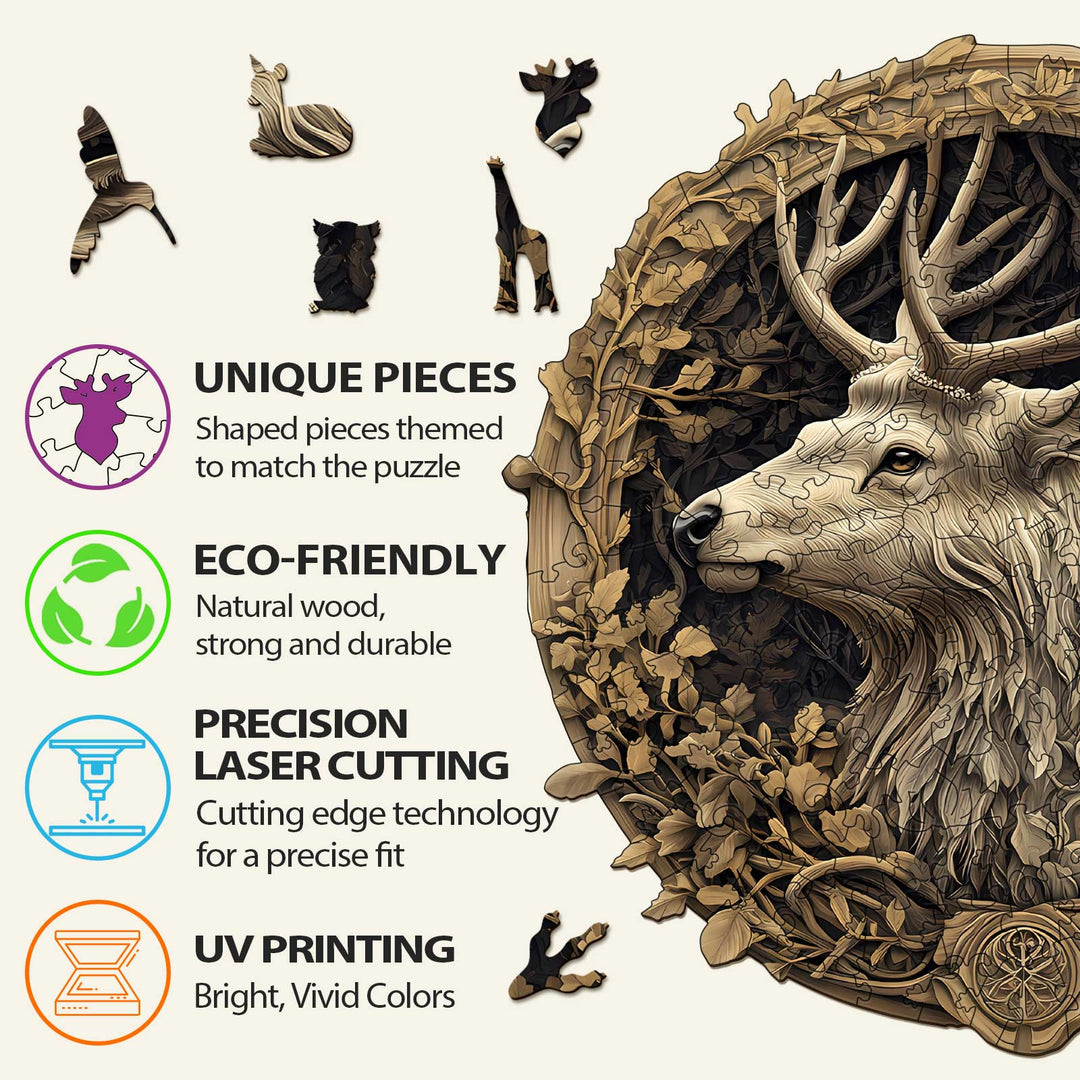 Features of the 3D Deer Wooden Jigsaw Puzzle: unique pieces, eco-friendly materials, precision laser cutting, and vibrant UV printing.