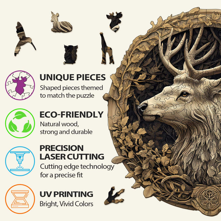 Features of the 3D Deer Wooden Jigsaw Puzzle: unique pieces, eco-friendly materials, precision laser cutting, and vibrant UV printing.