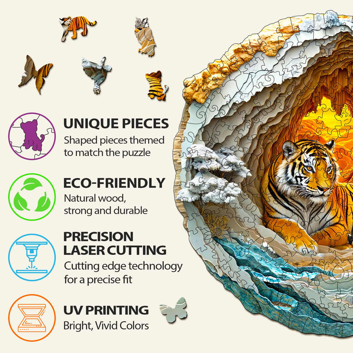 3D Tiger Wooden Jigsaw Puzzle highlights unique pieces, eco-friendly wood, precision laser cutting, and UV printing.
