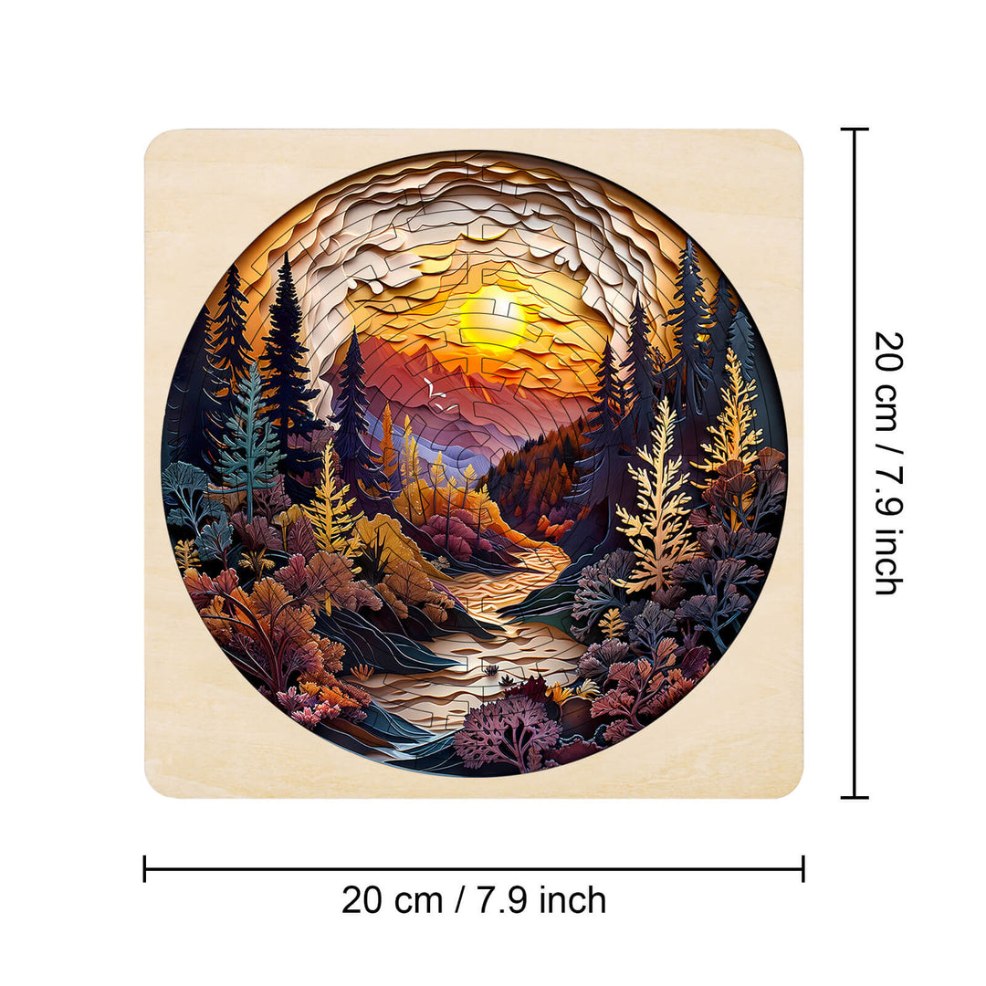 Maze Puzzles—Autumn Forest: Colorful jigsaw puzzle depicting a vibrant autumn landscape with trees and a sunset.