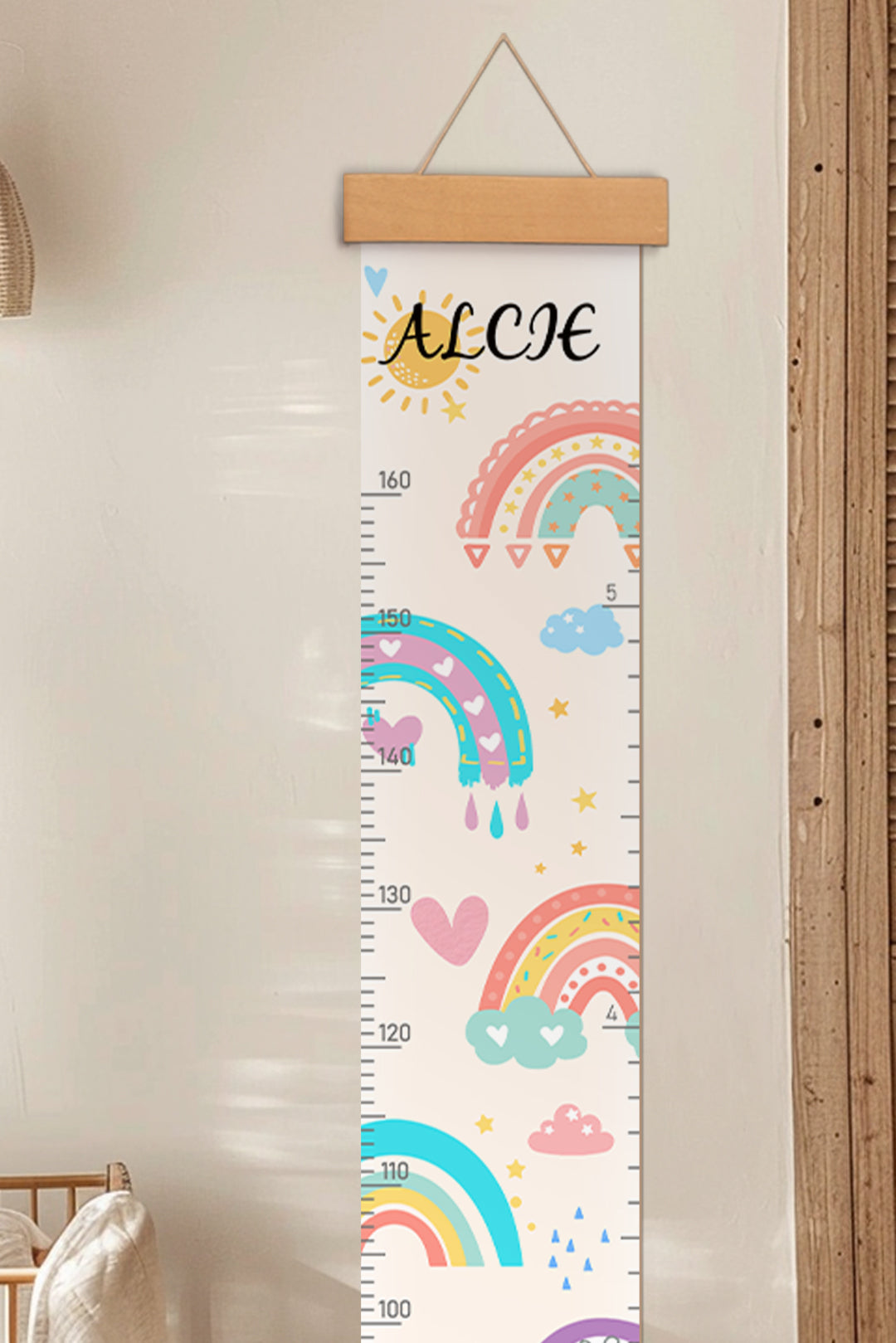 Règle de hauteur personnalisée en toile suspendue avec soleil et arc-en-ciel