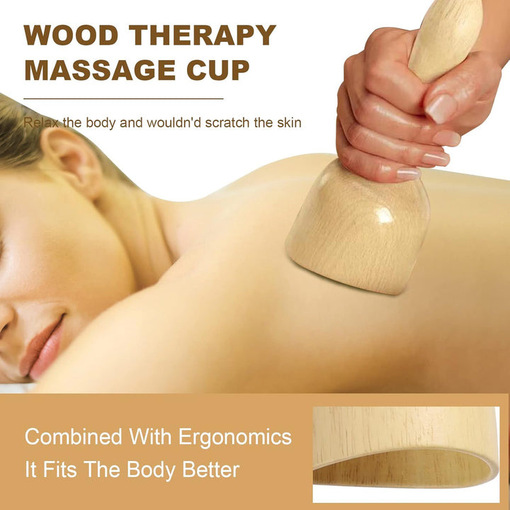 Wood therapy massage cup relaxing on skin, promoting comfort without scratching, ergonomic design for better body fit.
