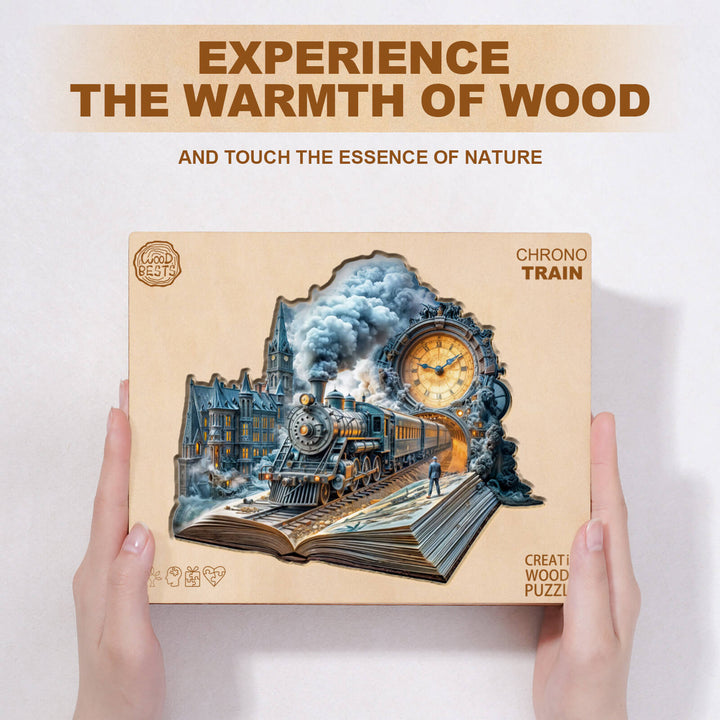 Chrono Train wooden jigsaw puzzle displaying a train scene, highlighting the beauty and warmth of natural wood.