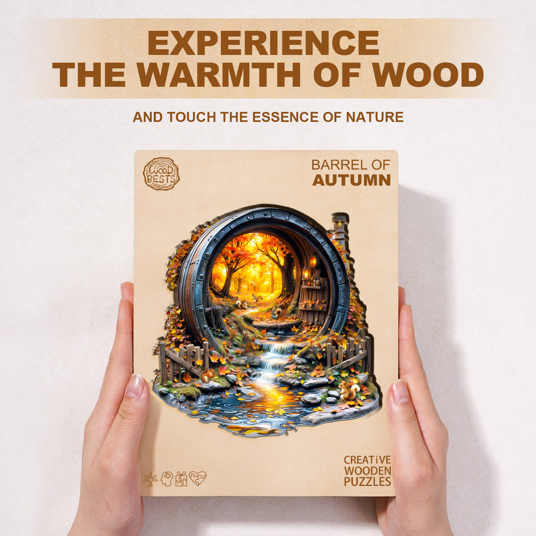 Barrel of Autumn wooden jigsaw puzzle showcasing a serene nature scene with vibrant fall colors and a cozy atmosphere.