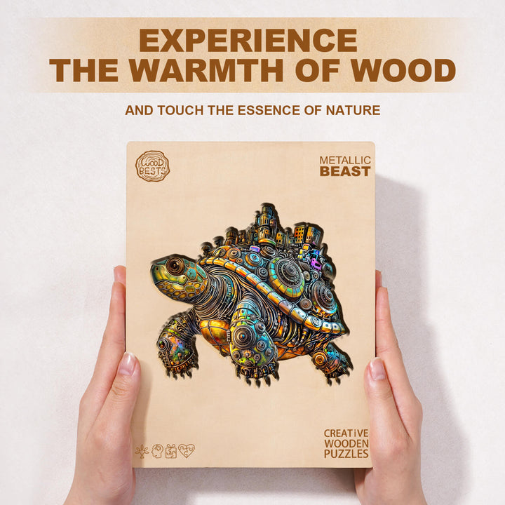 Metallic Beast wooden jigsaw puzzle featuring a colorful tortoise design, designed for focused play and mental stimulation.