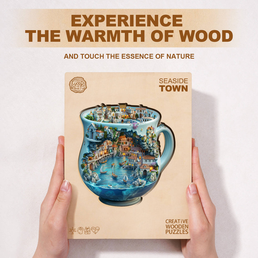Seaside town wooden jigsaw puzzle box, showcasing a colorful coastal landscape for creative puzzle enthusiasts.