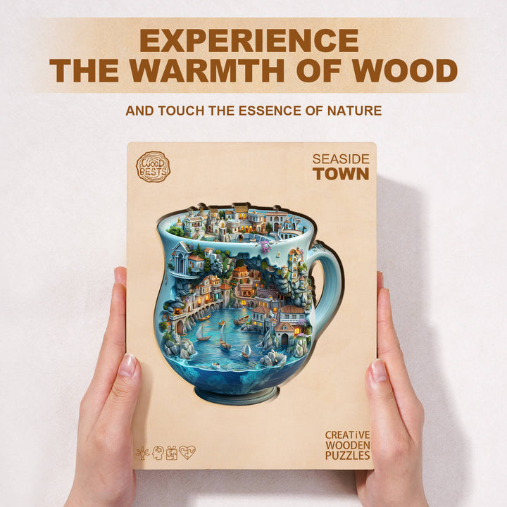 Seaside town wooden jigsaw puzzle box, showcasing a colorful coastal landscape for creative puzzle enthusiasts.