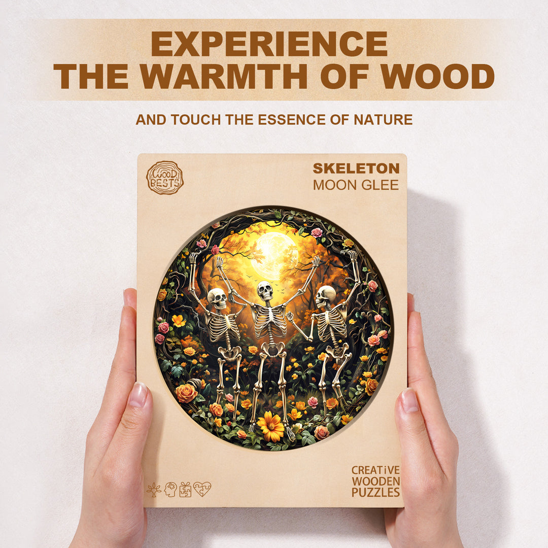 Skeleton Moon Glee wooden jigsaw puzzle, featuring playful skeletons amidst a floral backdrop, enhancing focus and creativity.