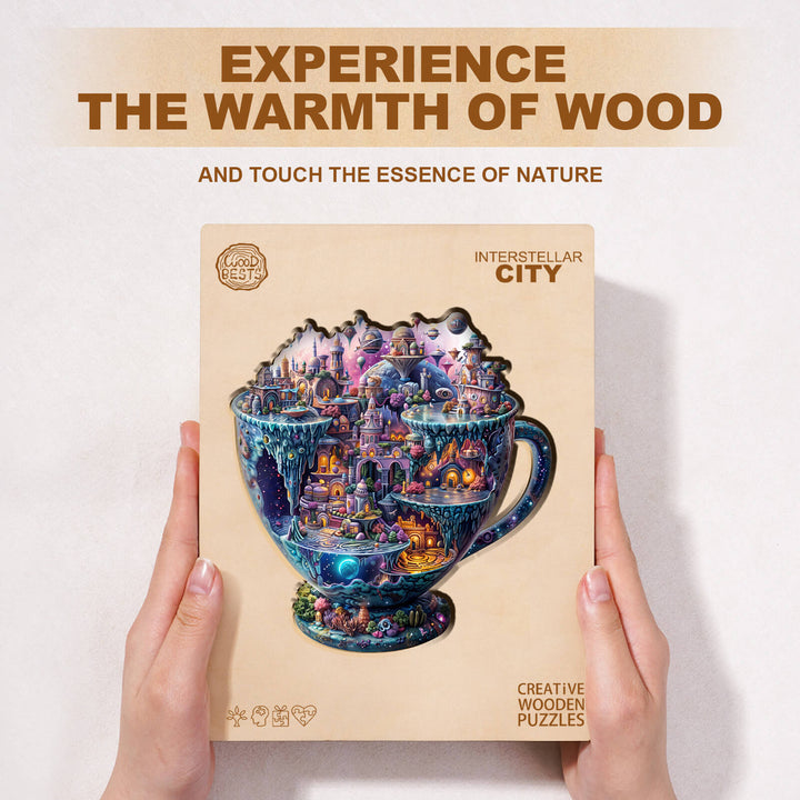 Interstellar City wooden jigsaw puzzle, showcasing a vibrant cup design, promoting mindfulness and focus through gameplay.