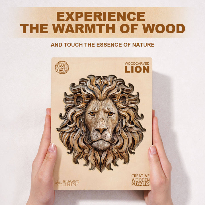 Puzzle en bois découpé représentant un lion sculpté