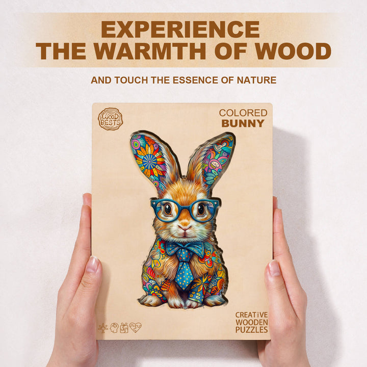 Colored bunny wooden jigsaw puzzle featuring a vibrant design, promotes focus and mind skills during play.