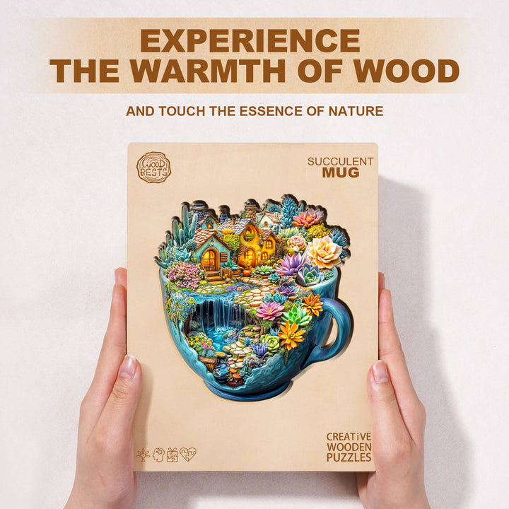 Succulent Mug wooden jigsaw puzzle showcasing vibrant nature scenes for focused and mindful puzzle-solving.