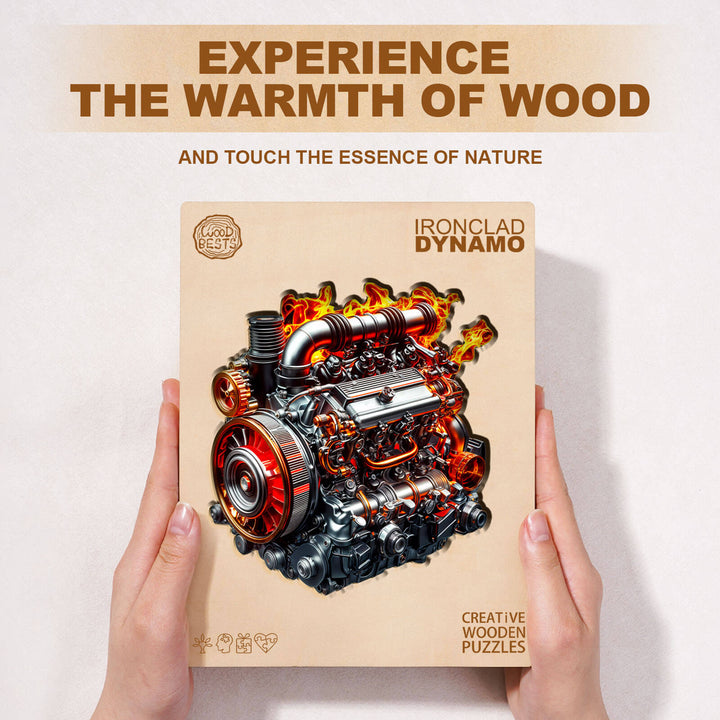 Ironclad Dynamo wooden jigsaw puzzle showcasing a colorful engine design, perfect for mind games and cognitive improvement.