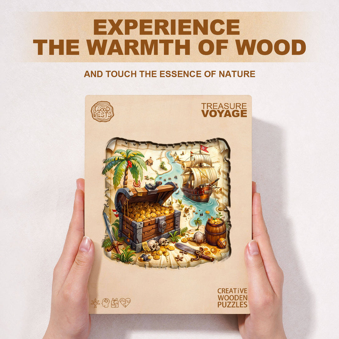 Treasure Voyage wooden jigsaw puzzle box showcasing a treasure map and ship, inviting exploration and focus in mind games.
