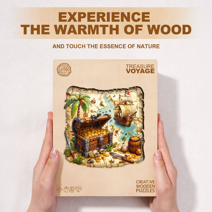 Treasure Voyage wooden jigsaw puzzle box showcasing a treasure map and ship, inviting exploration and focus in mind games.